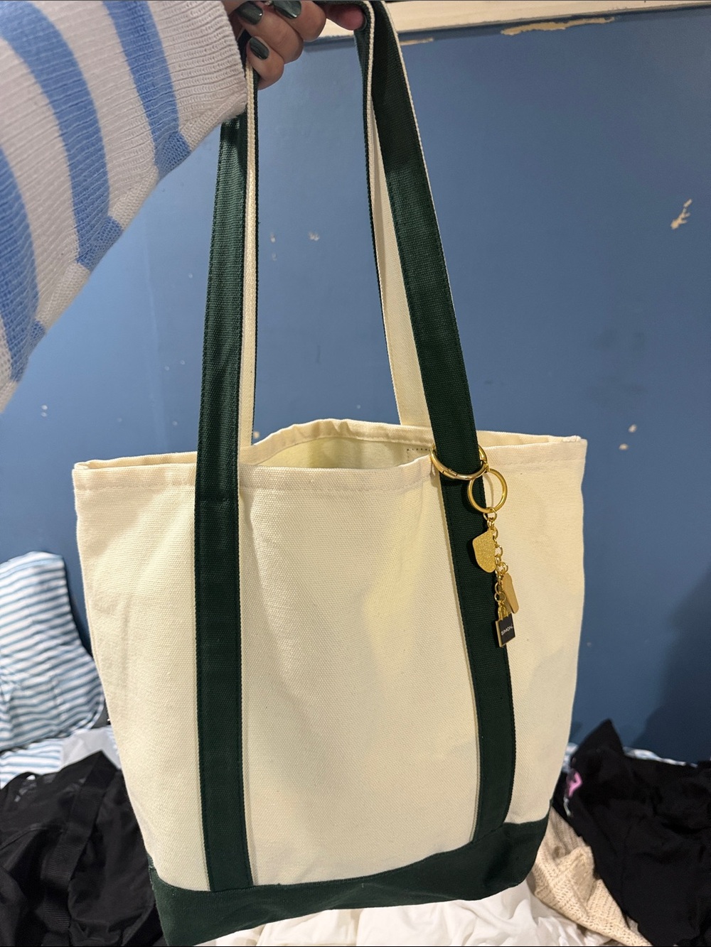 Classic Canvas Tote Bag in Cream with Dark Green Trim